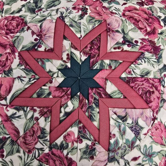 Handmade Quilted 14" Square Throw Pillow Floral Folded Star Starburst Pair 2 - Picture 5 of 11
